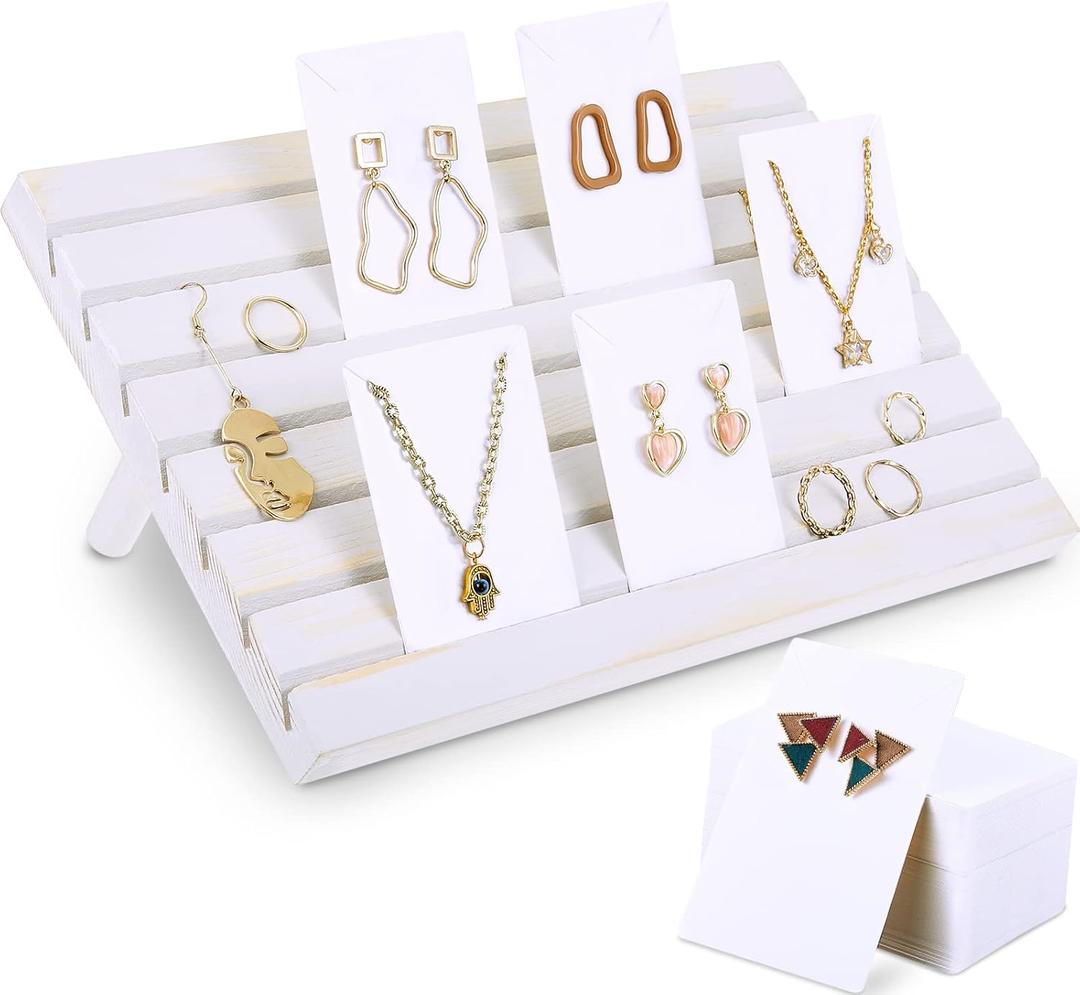 Blulu 31 Pack Wooden Earring Display Stand 7 Slots jewelry Display Holder with Earring Card for Selling Vendors Retail Show,Wash White, White