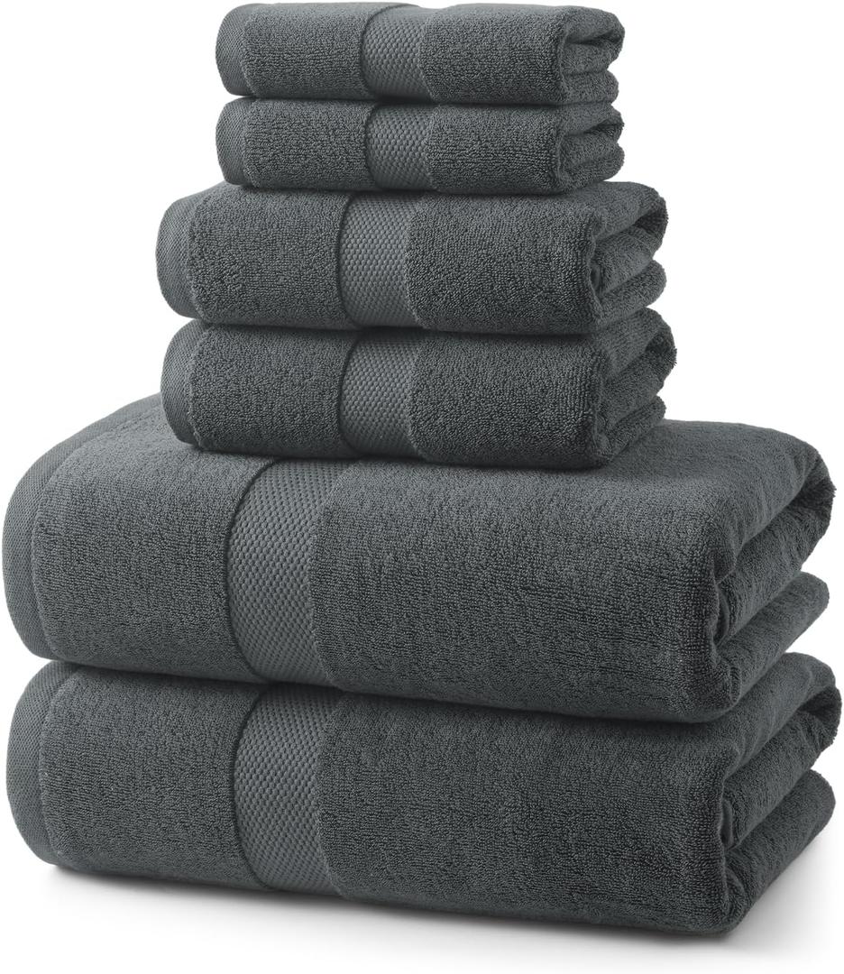 ecolook 6 Piece Bath Towel Set,100% Cotton,Includes 2 Bath Towels 55x28 Inch,2 Hand Towels,2 Washcloths,Soft,Highly Absorbent & Quick Dry for Bathroom, Spa, Gym,Shower and Daily Use,Dark Gray