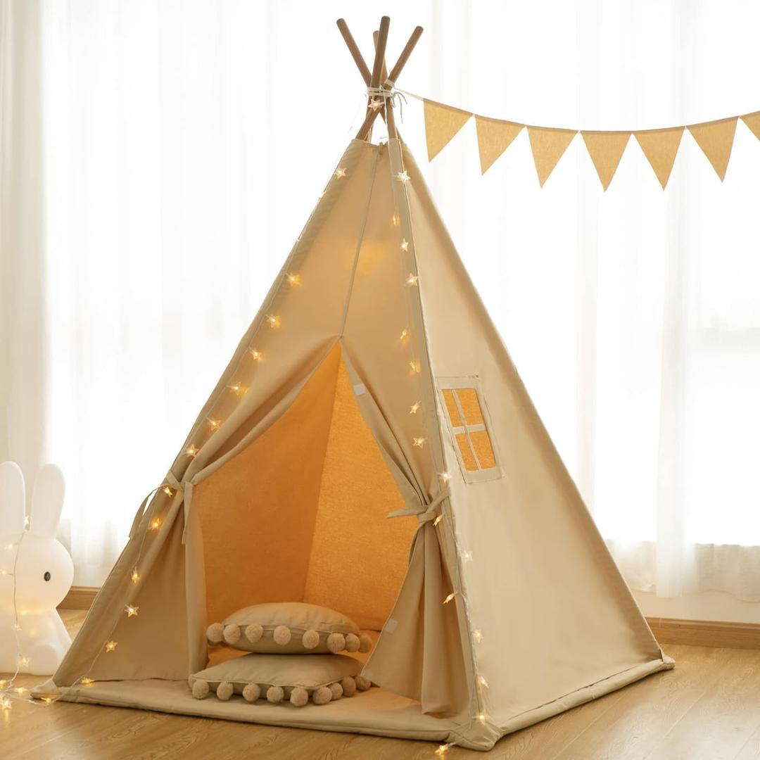 Teepee Tent for Kids-Portable Children Play Tent Indoor Outdoor (Apricot with Mat)