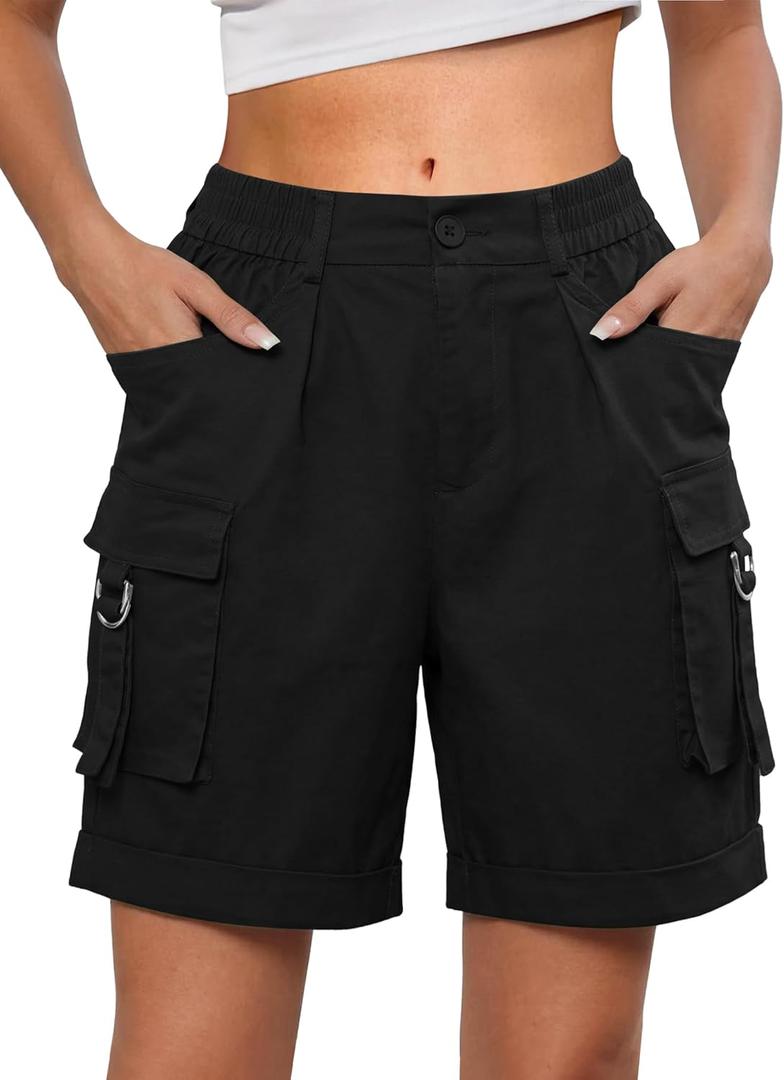 Gleeneat Bermuda Cargo Shorts for Women Baggy Knee Length Denim Shorts High Waist 6 Pockets 2026 Summer Casual (Black, M)