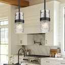 LMS Glass Pendant Lights Kitchen Island, 1-Light Modern Black Pendant Light with Hammered Glass and Rods, Mini Hanging Lighting for Kitchen Island Sink Bathroom Bedroom, LMS-172