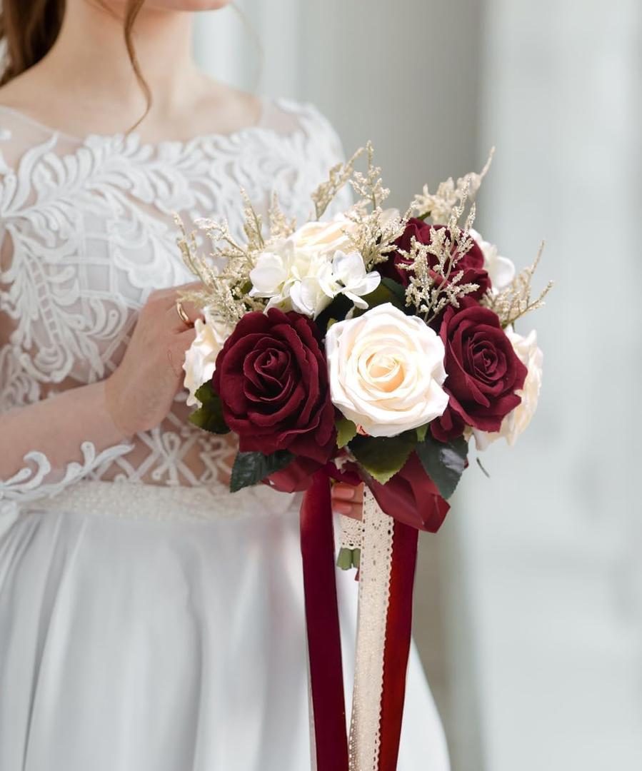 YSOJMAN Bride Bouquets for Wedding Burgundy Artificial Flowers Roses Tossing Bouquet for Bridesmaid for Wedding Ceremony Anniversary