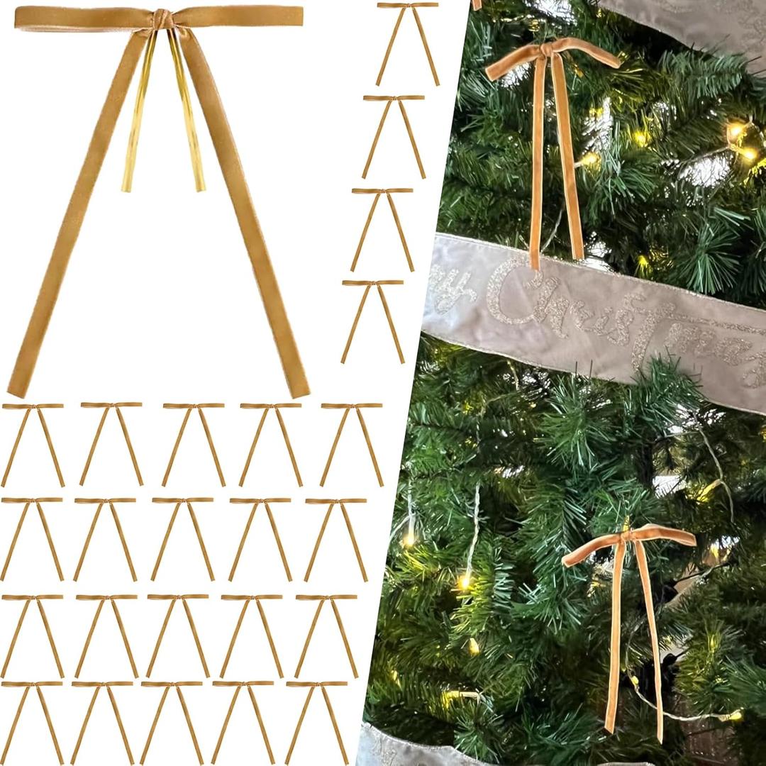 24Pcs Khaki Velvet Christmas Tree Bows Ornaments Vintage Velvet Ribbon Bows for Tree Garland Wreath Indoor Outdoor Christmas Decor Xmas Decorations 3/8" Wide, 5 * 7 inch