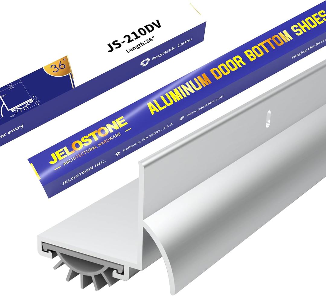 36'' L-Shaped Door Bottom Shoes with Rain Drip (Mill Finish) - Fire Rated - Heavy Duty Aluminum with Flex-V Vinyl Seal Insert, Weatherproof & Soundproof for Exterior Doors, JS-210DV