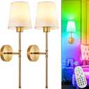 Depuley Battery Operated Wall Sconce: Set of 2 Wireless Wall Lights with 10000mAh Dimmable Bulbs and Remote for Bedroom - Rechargeable 15 Colors Gold Wall Lamp for Living Room Hallway