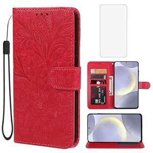 Gufuwo Case for Galaxy S24 Plus Case, Samsung S24+ 5G SM-S926U Wallet Case with Tempered Glass Screen Protector, Lace Flower PU Leather Flip Credit Card Holder Phone Cover for Samsung Galaxy S24+ Red