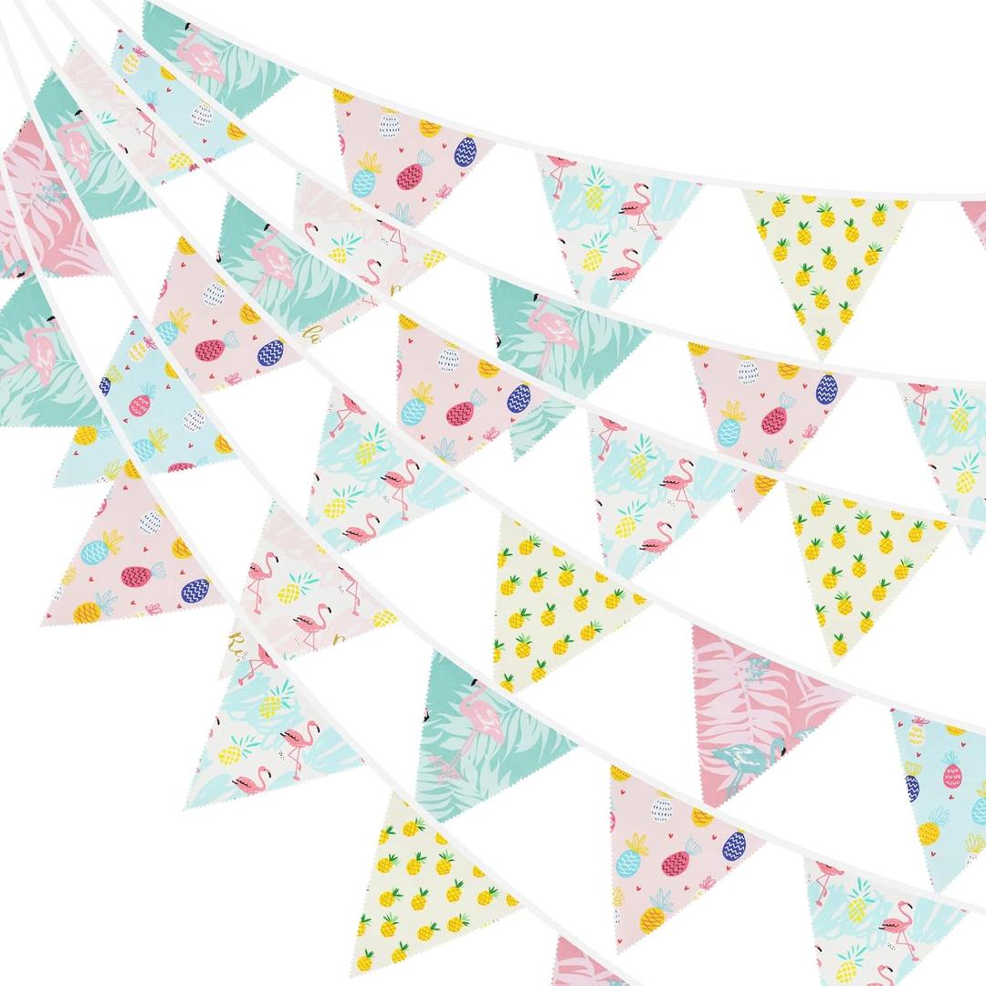 2 x G2PLUS Summer Party Decorations Banner, 39FT Tropical Flamingo Pineapple Bunting Banner, Reusable Cotton Triangle Flag Garland for Pool, Beach & Luau Party