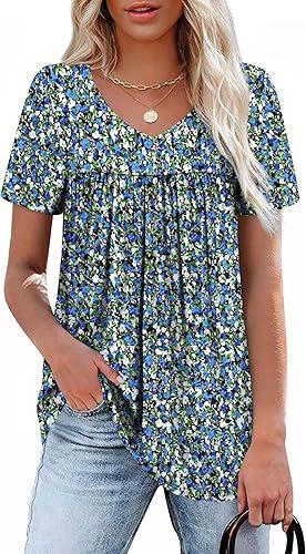 WEESO Womens T Shirts Short Sleeve Pleated Dressy Casual V Neck Summer Tops Blouses Floral Blue 3XL