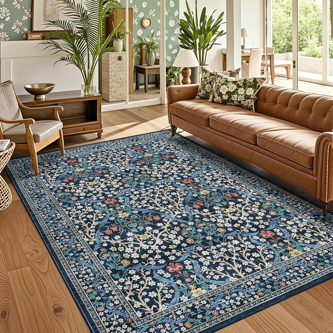 GarveeHome 8x10 Area Rugs, Washable Rugs for Living Room Non Slip Stain Resistant Ultra Soft Floral Rug, Boho Carpet Floor Mat for Bedroom Dining Room Nursery Playroom Office, Dark Blue