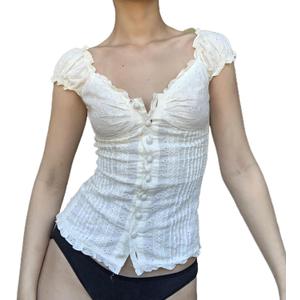 Women Y2K Fairy Grunge Tee Shirt Lace Trim Short Sleeve Crop Top Ruffle Babydoll Top Aesthetic Going Out Top, Large