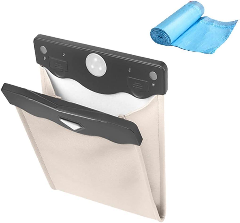 Car Trash Bag, Waterproof PU Leather with Magnet Closure Design and LED Light, Auto Rubbish Container for Back Seat, Multipurpose Hanging Garbage Can with 30 Disposable Trash Bags (Beige)