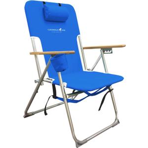 Caribbean Joe Folding Beach Chair, 4 Position Portable Backpack Foldable Camping Chair with Headrest, Cup Holder, and Wooden Armrests, Blue, 300lbs Capacity