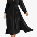RWJ Plus Size Wedding Guest Dress for Women Deep V Neck Long Sleeve High Waist Slit Formal Cocktail Party Fall Maxi Dresses, Black, 2XL