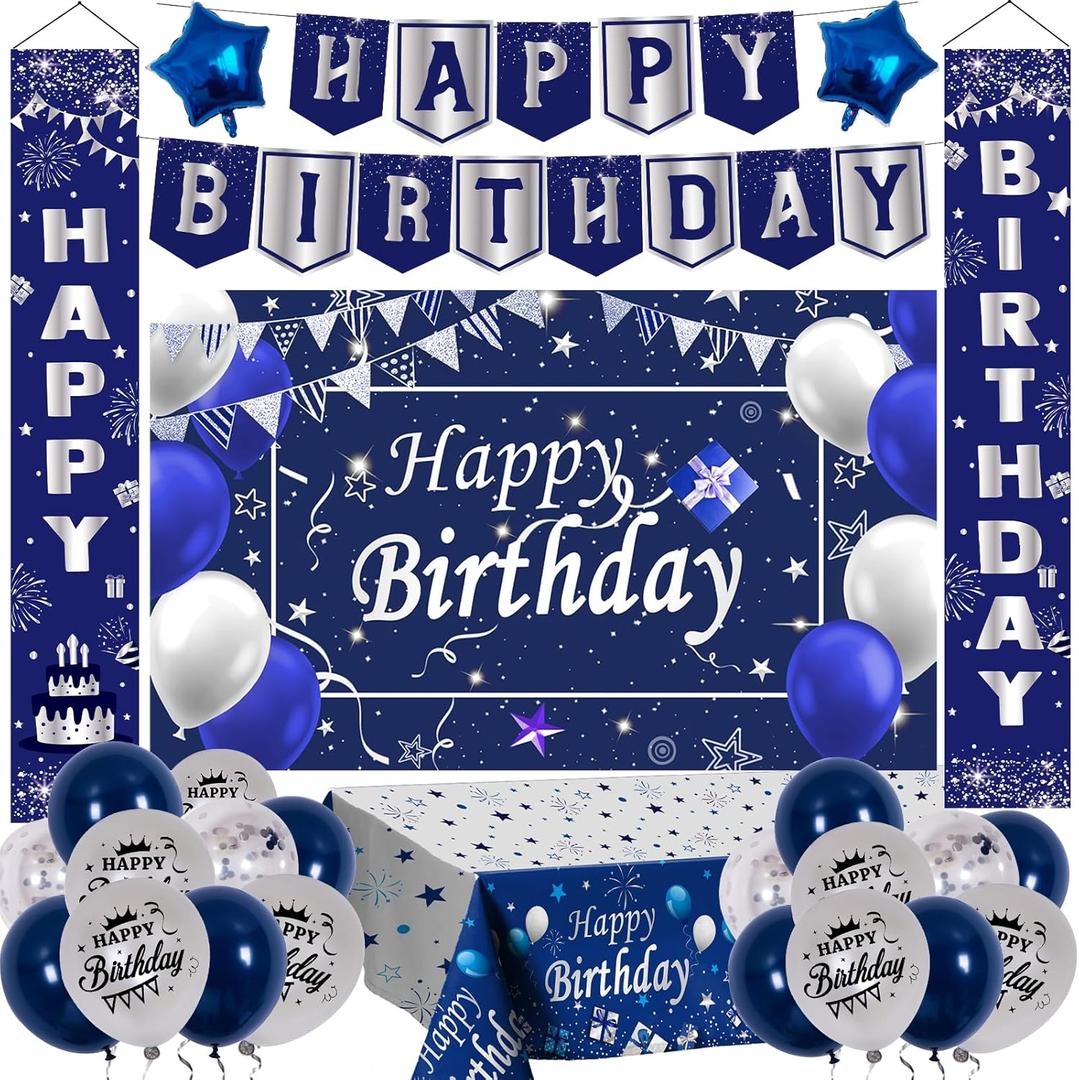 Blue and Sliver Birthday Decorations, Birthday Party Decorations for Men Boys Women Girls with Navy Blue Sliver Happy Birthday Banner Tablecloth Backdrop Porch Sign Door Decorations Balloons