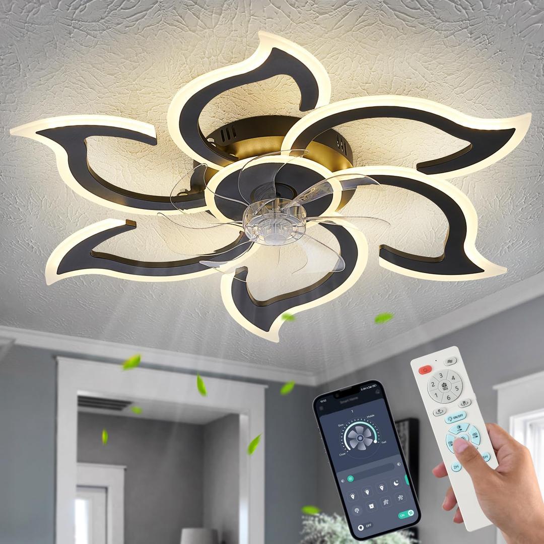 Flower Ceiling Fans with Lights and Remote, 34.5 Inch Modern Low Profile Flush Mount Ceiling Fan, Dimmable LED Ceiling Light Fixture, Small Ceiling Fans for Bedroom, Kitchen, Indoor-Black