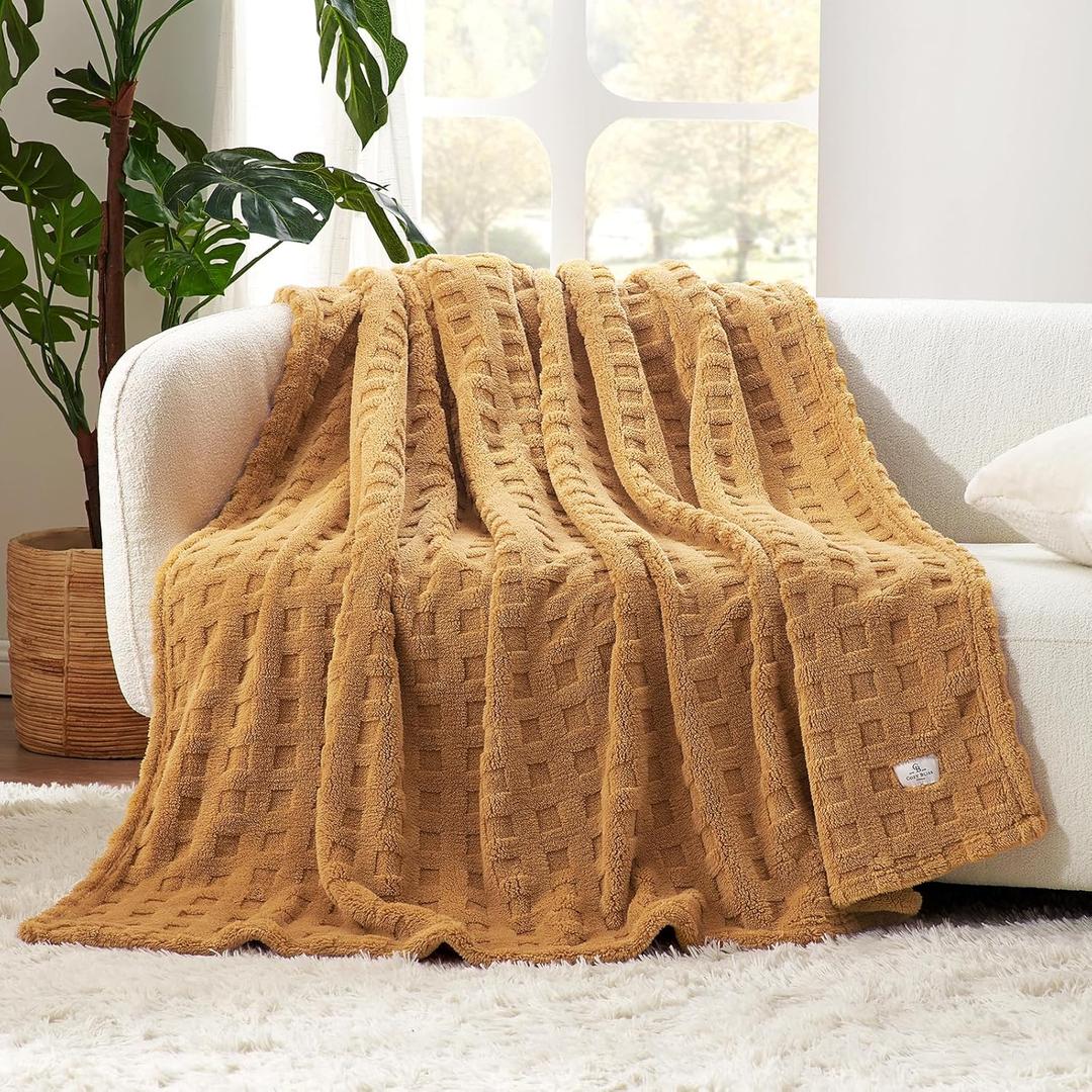 Cozy Bliss Ultrasoft Waffle Throw Blanket, Fluffy Cute Plush Blanket for Couch, Bed, Modern Home Accent, Portable for Picnic or Outdoor, Brown, 108"x90"