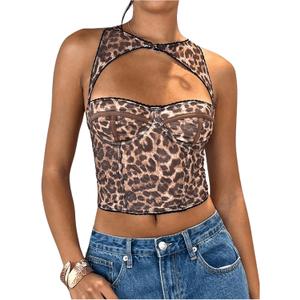 WDIRARA Women's Cut Out Lace Crop Bustier Corset Tank Top Sexy Going Out Party Club Tops (Multicolor Leopard), Small