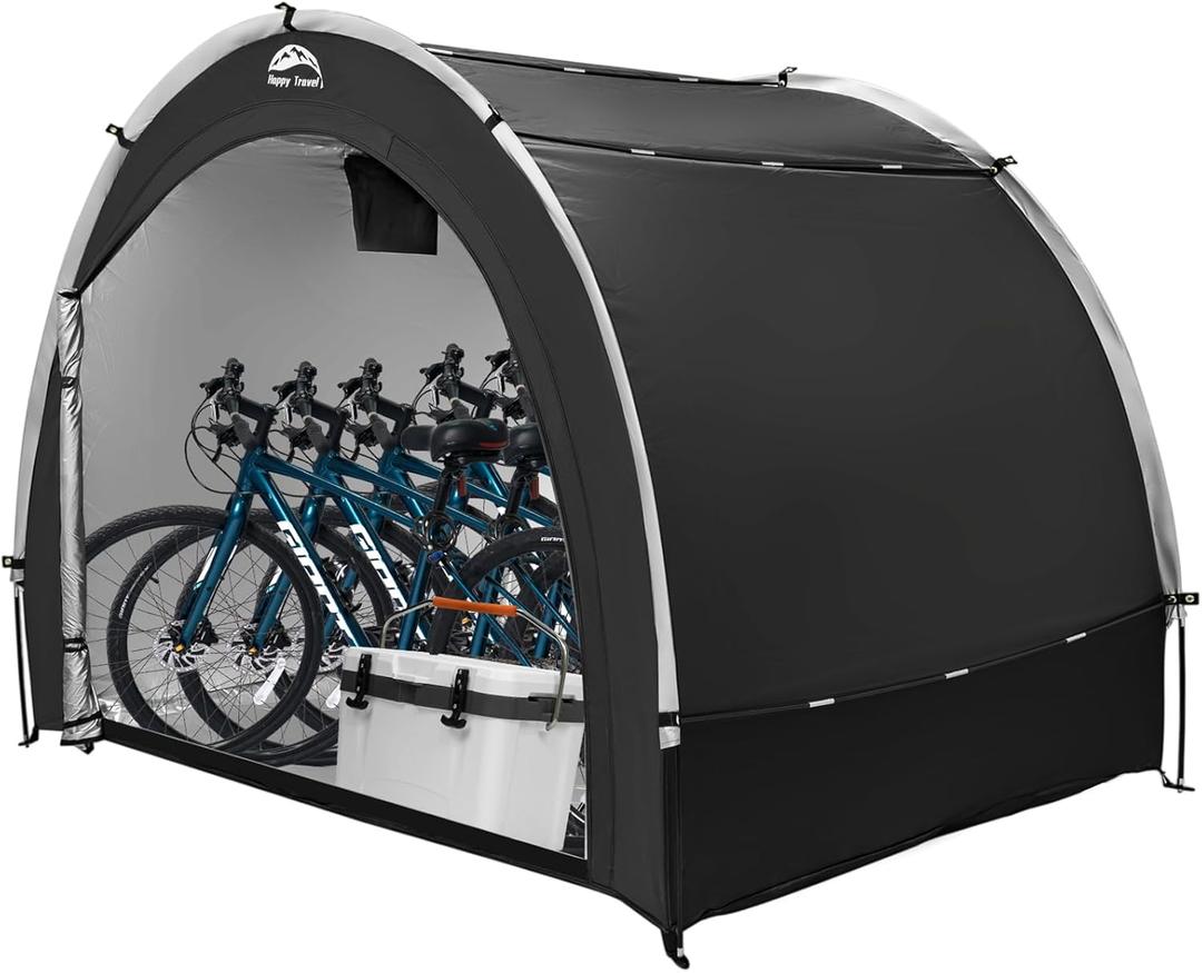 Happy Travel Bike Storage Tent Shed, Outdoor Waterproof Bicycle Covers Shelter with Window for 2/4/6/8 Bikes,Oversized Outside Portable Sheds for Lawn Mower,Garden Tools (Arch-5x7x5.6ft-Black)