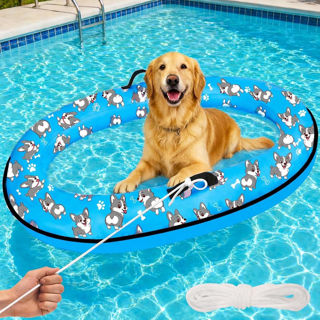 55'' x 35'' Inflatable Dog Pool Float with Rope, Portable Puppy Raft for Pool or Lake, Floating Pet Float for Small Medium Large Dogs, Up to 80 lb