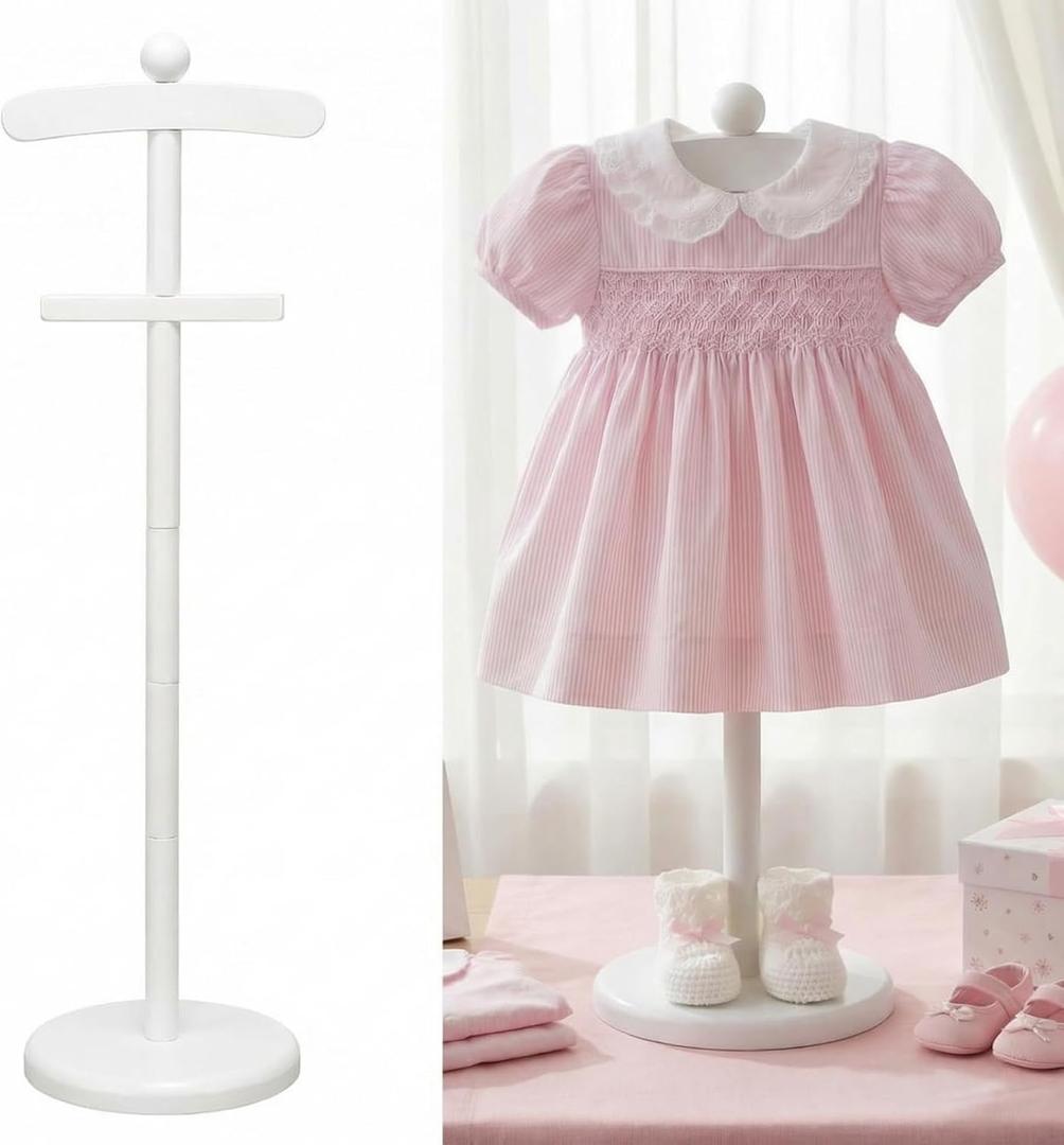 Bucherry 1 Pack Baby Clothes Display Stand Wooden Baby Shower Centerpiece Adjustable Height Circle Shaped Dress Hanger Doll Dress Outfit Stand Rack Hand Assembled Hangers Display Set (White Color)