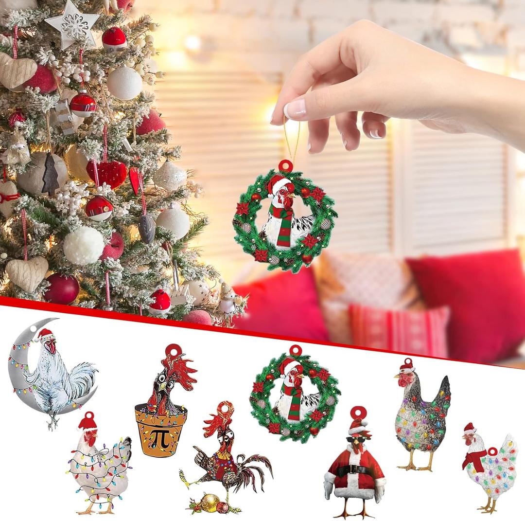 8Pcs Acrylic Chicken Ornaments Christmas Tree Pendant Decor Xmas Tree Hanging Decoration Acrylic 3D Chicken Signs Christmas Farm Theme Decor