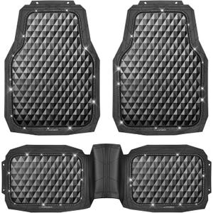 CAR PASS Bling Diamond Rubber Car Mats, Heavy Duty Deep Dish All-Weather Floor Mat Full Set Anti-Slip 3D Rhombus Waterproof Trim to Fit Liner Universal Glitter Sparkly Shining Rhinestone, 3 Pcs Black
