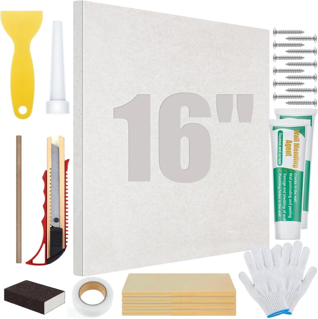 22 Pcs Drywall Repair Kit with 16x16x1/2 Drywall Repair Panel, Sheetrock Hole Patch Kit with Wall Patching Paste, Sanding Block, Putty Knives, to Fill Large Holes for Home Wall Surface Ceiling