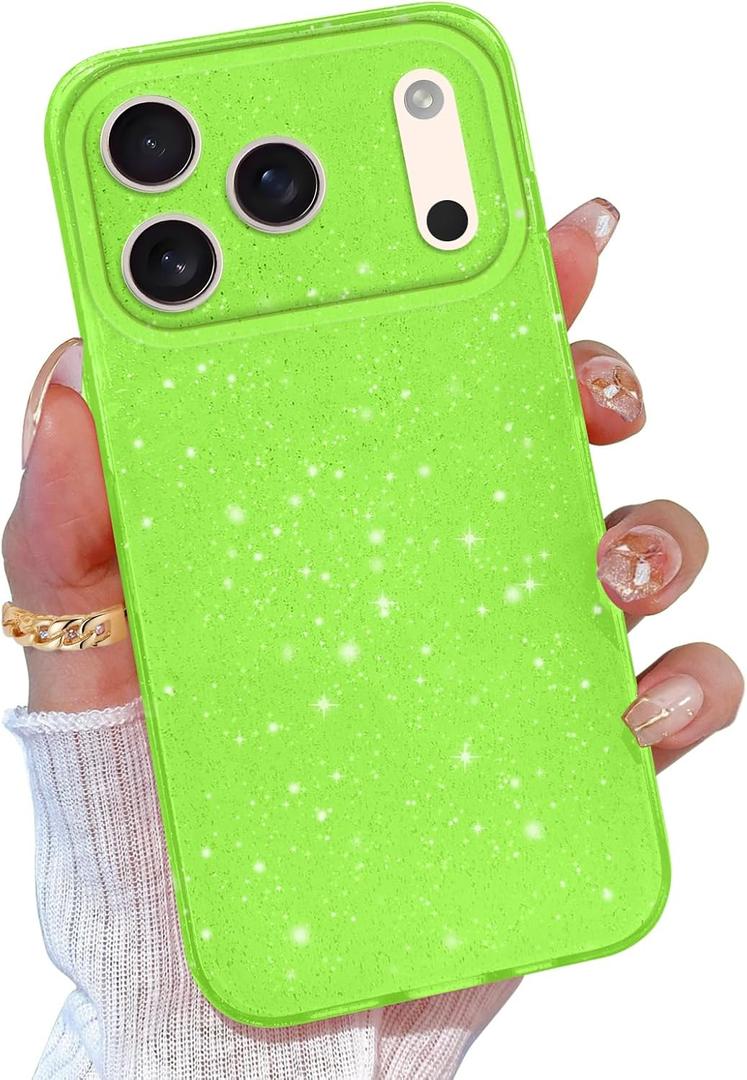 Compatible with iPhone 17 Pro Case Glitter, Cute Sparkly Bling Phone Case for Women Girls Girly, Neon Bright Color Slim Soft Phone Cover for iPhone 17 Pro, Green