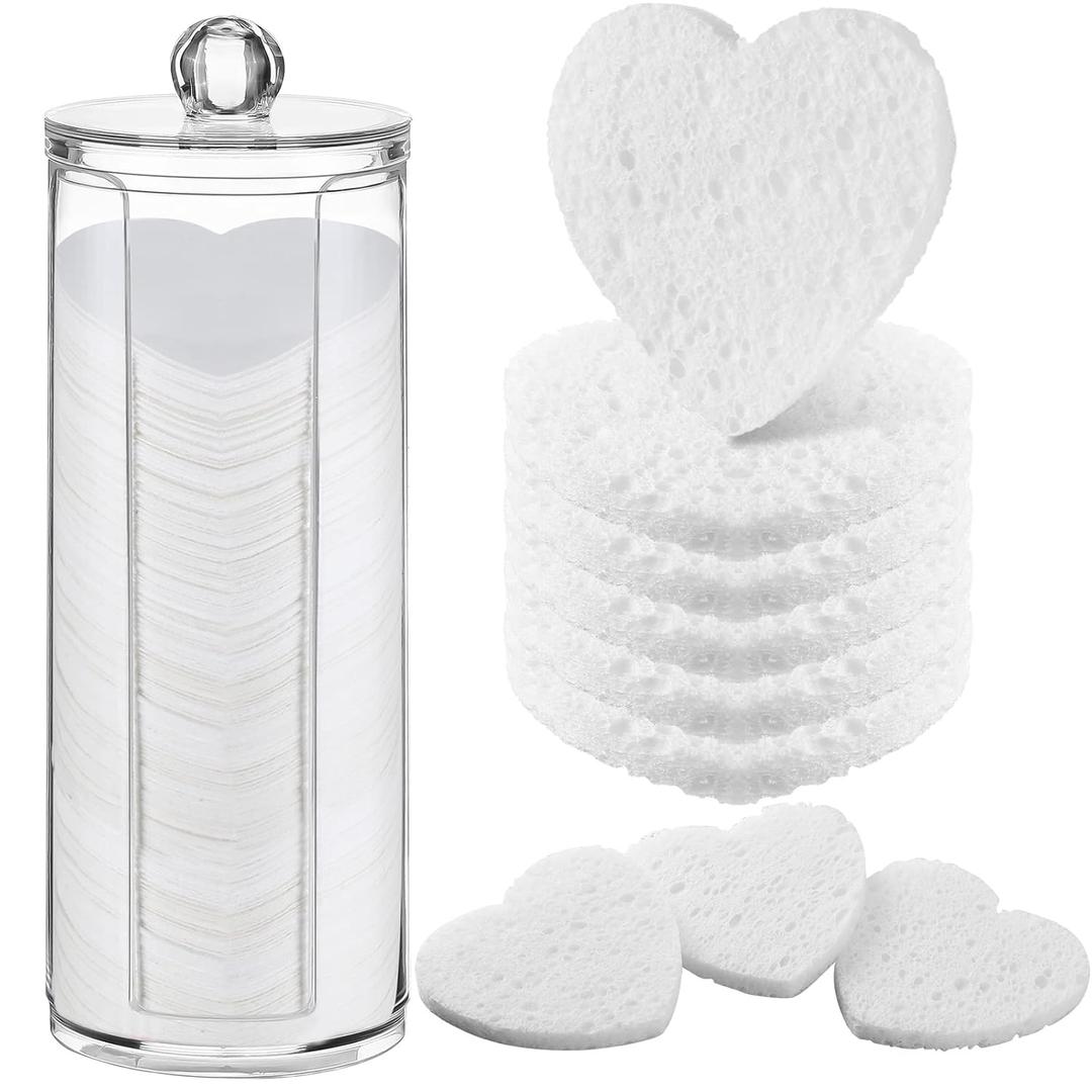 Sieral 120 Pcs Compressed Facial Sponges with Container Disposable Face Sponge Pads for Washing Face Cleansing Exfoliating Esthetician Makeup Removal(Heart,White) (120 Count (Pack of 1), White)