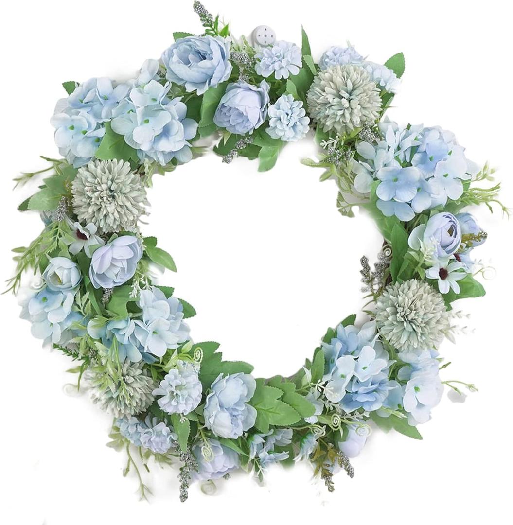 15.7 Inch Artificial Light Blue Hydrangea and Peony Floral Spring Wreath Silk Peony Wreath with Green Leaves Welcome Front Door Wreath for Wedding Wall Home Decor