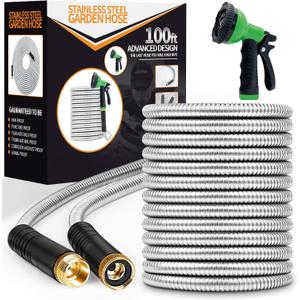Garden Hose 100ft, Stainless Steel Heavy Duty Water Hose with 10 Function Nozzle Flexible, Lightweight, No-Kink, Pet Proof, Puncture Proof Metal Hose for Yard, Outdoor