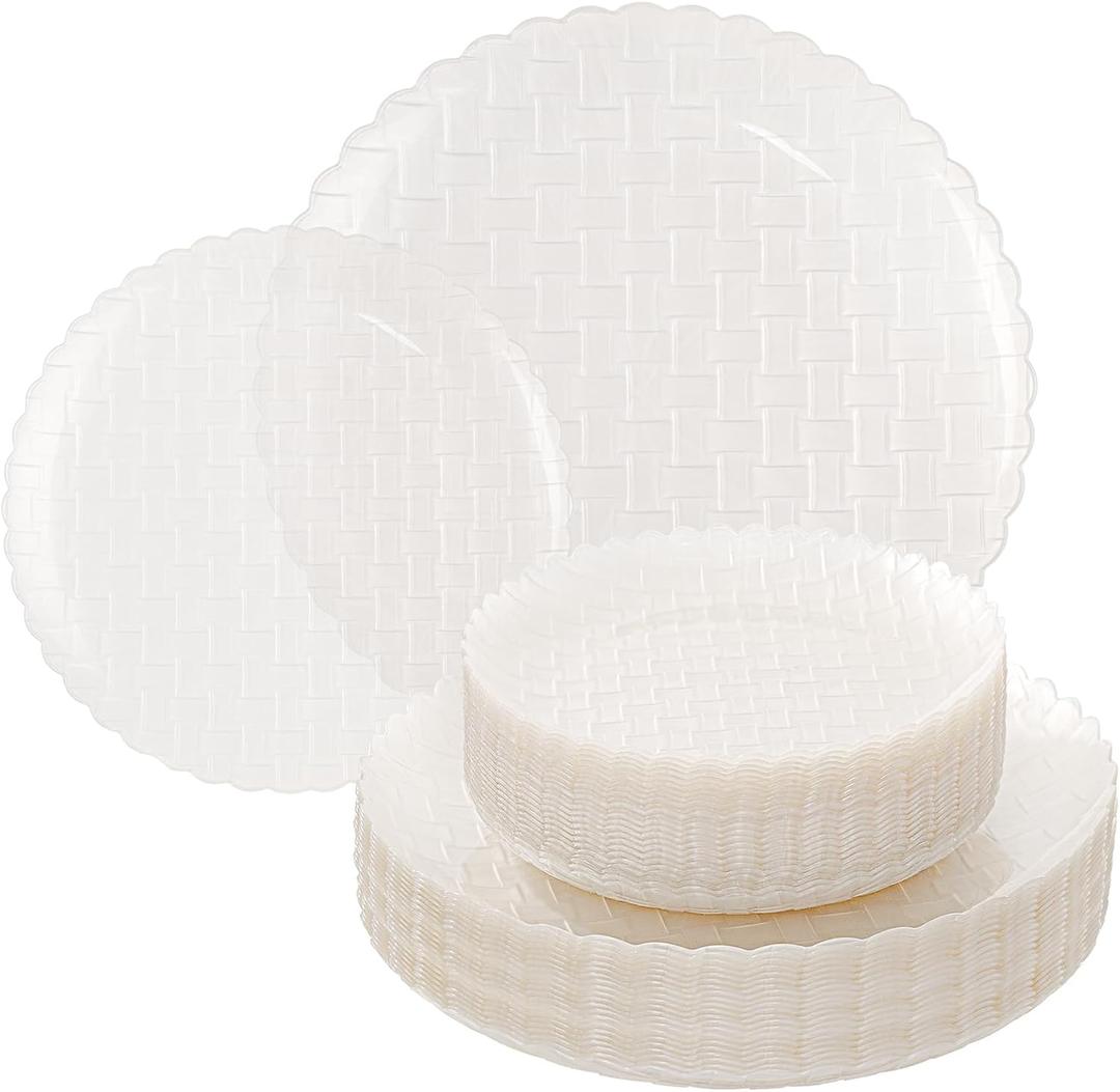 Festiva 60PCS Clear Ivory Plastic Plates - Heavy Duty Weave Pattern Fancy Disposable Plates -serve for 30 guests Include 30PCS 10" & 30PCS 7" Plates for Bithday &Easter Party(Ivory)