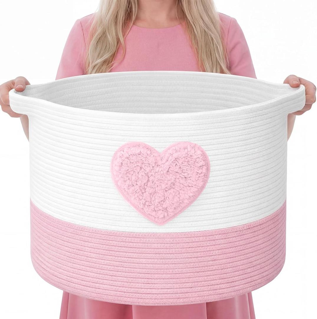 LemonRoad Pink Heart Extra Large Cotton Rope Basket 20"x14", Embroidered Woven Baby Laundry Blanket Basket Box with Handle Storage, Blanket Storage for Living Nursery Pillows Laundry Baby Toy Chest