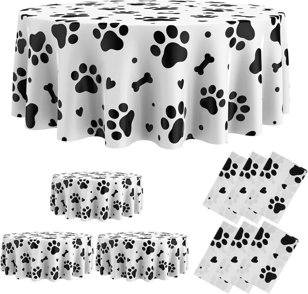 Oudain 3 Pcs Puppy Paw Print Plastic Tablecloth 84 Inch Round Tablecloth Disposable Table Cover Large Cute Puppy Themed Table Cover for Pet Cat Birthday Party Decor (Black and White)