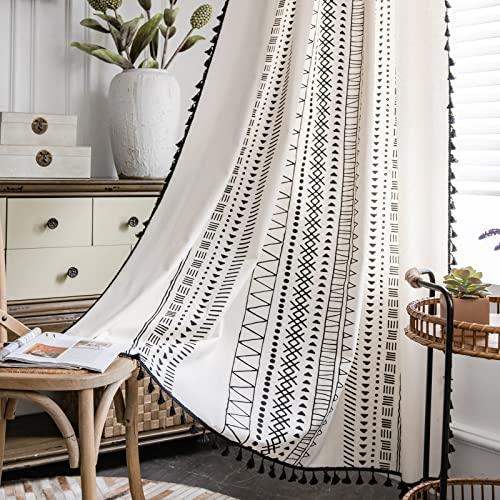 Sutuo Home Boho Curtain 92 Inches Length for Bedroom, Printed Cotton Linen Geometry Rod Pocket Chic Semi Blackout Bohemian Tassels Window Treatment for Living Room, 2 Panel 52" W x 92" L, Black