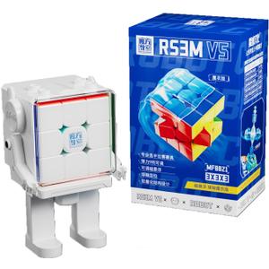 CuberShop Moyu RS3M V5 2023 Ball Core UV Coated 3x3 Speed Cube with Display Stand, Stickerless RS3M 2023 3 by 3 Budget Cube, (Moyu RS3 M V5 MagLev+Ball-Core Magic Clothes, Robot-Shape Display Box)