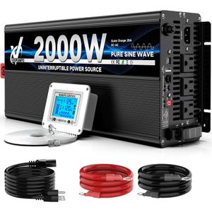 2000 Watt Sump Pump Backup Battery System, Automatic Switchover to Battery Inverter Power, Professional Backup System in Case of Power Failure, Pure Sine Wave Output Remote Controller with LCD Screen