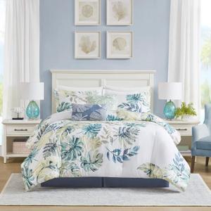 Harbor House Cozy Cotton Comforter Set - Coastal, All Season Down Alternative Casual Bedding with Matching Shams, Decorative Pillows, Lorelai, Monstera Leaf Green King(110"x96") 6 Piece