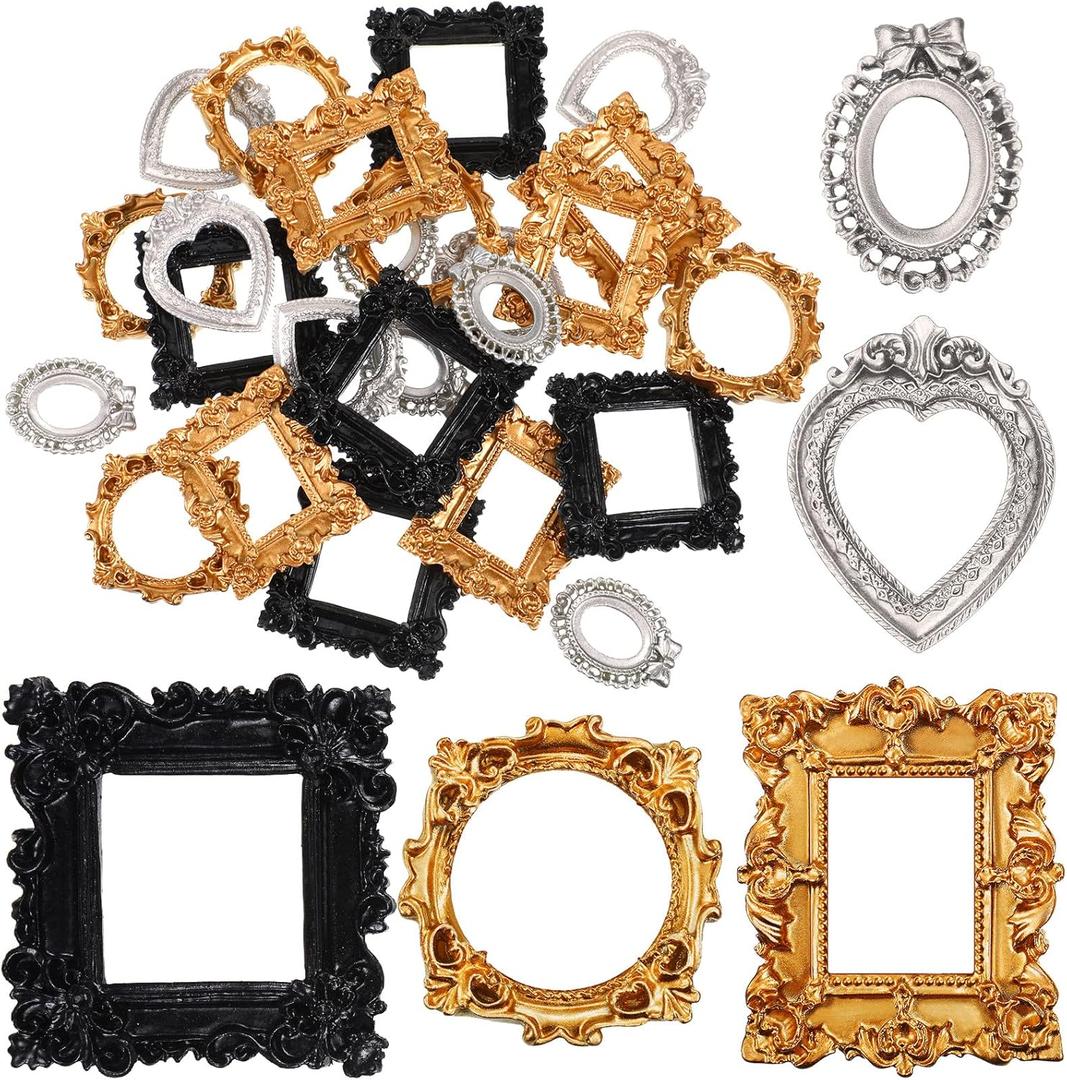 Vicenpal 25 Pcs Vintage Mini Picture Frames Baroque Antique Small Resin Jewelry Display Table Frame for Christmas DIY Photo Holiday Party Decoration (Black, Gold, Silver)