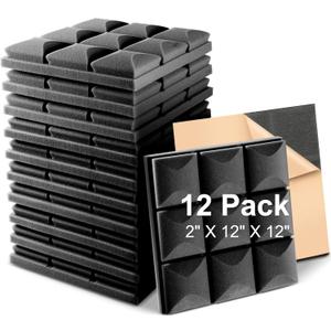 Fstop Labs Acoustic Foam Panels, 12 Pack Black 2'' X 12" X 12" Self-adhesive Mushroom Studio Wedge Tiles, Sound Panels Sound Proof Foam Panels Sound Proofing Padding For Wall