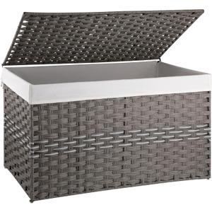 OIAHOMY Large Storage Basket with Lid, 42.3 Gallon (160L) Blanket Basket with Removable Liner Bag, Wicker Hamper with Handle, Foldable, Hamper for Bedroom, Grey
