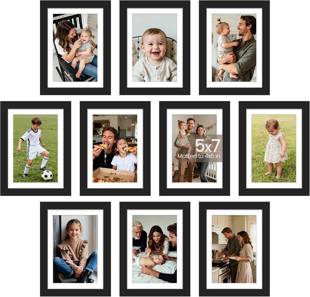 upsimples 5x7 Picture Frame Set of 10, Display Pictures 4x6 with Mat or 5x7 Without, Multi Photo Frames Collage for Wall or Tabletop Display, Black