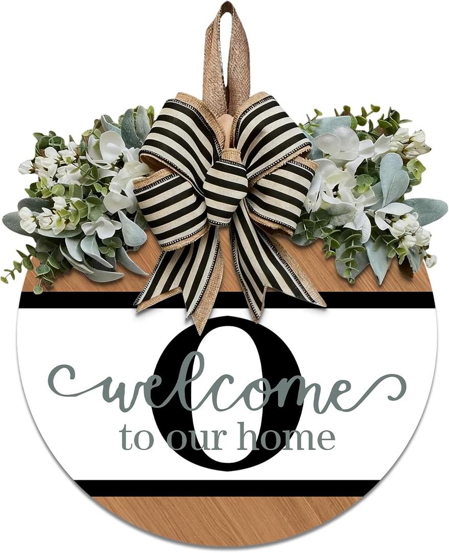 Last Name Round Front Door Wreath Decor for All Seasons, 26 Initial Letter Wreaths for Front Door Porch Welcome Garland and Eucalyptus Hanging Gift for Farmhouse Welcome Sign (O) (12*12IN)