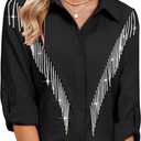 MYMORE Womens Rhinestone Fringe Button Down Shirt Rolled 3/4 Sleeve Sparkly Top Concert Nashville Western Cowgirl Outfit (Large)