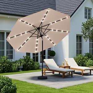 9' Solar LED Patio Umbrella with Tilt & Crank|8 Sturdy Ribs,UV Protection,Outdoor Market Table Umbrella for Deck, Lawn, Pool, Backyard (Beige) 