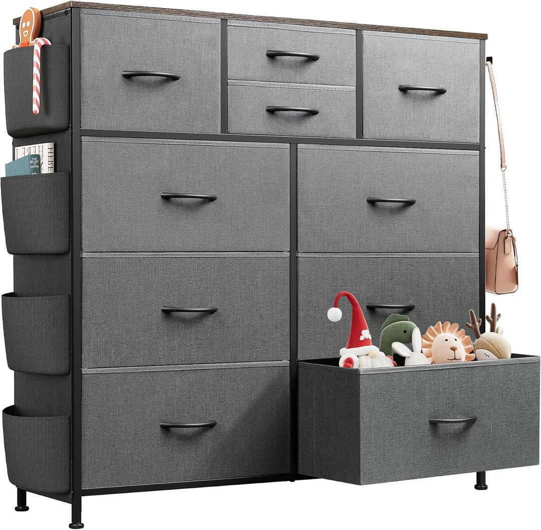 WLIVE Dresser for Bedroom with 10 Drawers, Fabric Dresser Chest of Drawers with Side Pockets and Hooks, Sturdy Metal Frame, Drawers Organizer Unit for Room, Hallway, Dark Gray missing pieces