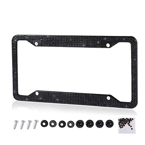 Fashion Handmade 4 Holes Black Crystal License Plate Frames,Premium US Universal Bling License Plate Holder,Waterproof Rhinestone License Plate Cover(1 Frame)