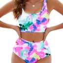 Adisputent Womens High Waisted Bikini Color Block Swimwear Bandeau Top Sports Style Scoop Crop Swimsuit 2 Piece Bathing Suits (Large)