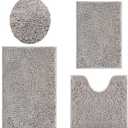 Plush Bath Rugs Set 4 Pieces - Soft, Durable Thick Chenille Bath Mats, Non-Slip for Bathroom Floor, Tub, and Shower - Light Grey