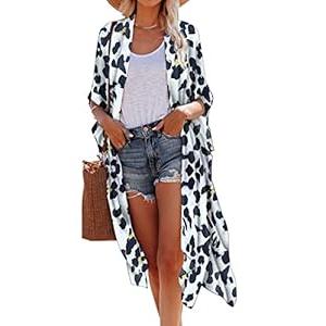 Hibluco Women's Summer Chiffon Floral Kimono Cardigan Long Swimwear Cover Ups, Small